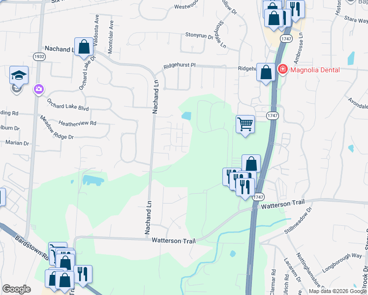 map of restaurants, bars, coffee shops, grocery stores, and more near 4110 Spring Park Lane in Louisville