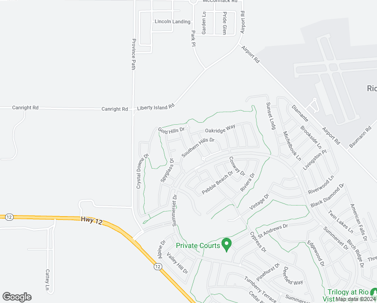 map of restaurants, bars, coffee shops, grocery stores, and more near Southern Hills Dr & Del Monte Dr in Rio Vista