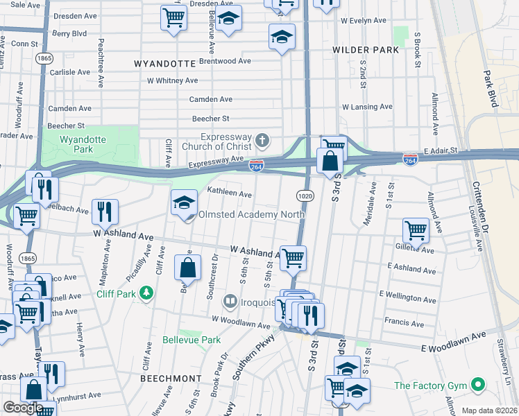 map of restaurants, bars, coffee shops, grocery stores, and more near 4523 South 6th Street in Louisville