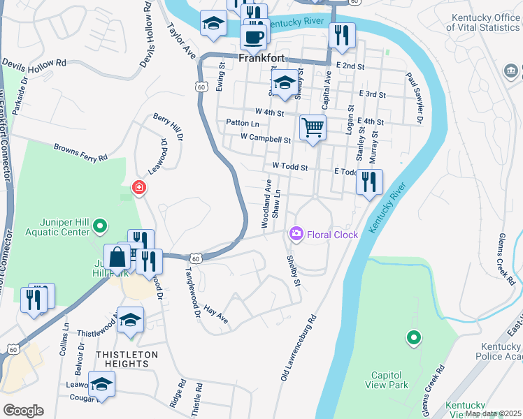 map of restaurants, bars, coffee shops, grocery stores, and more near 700 Louisville Road in Frankfort