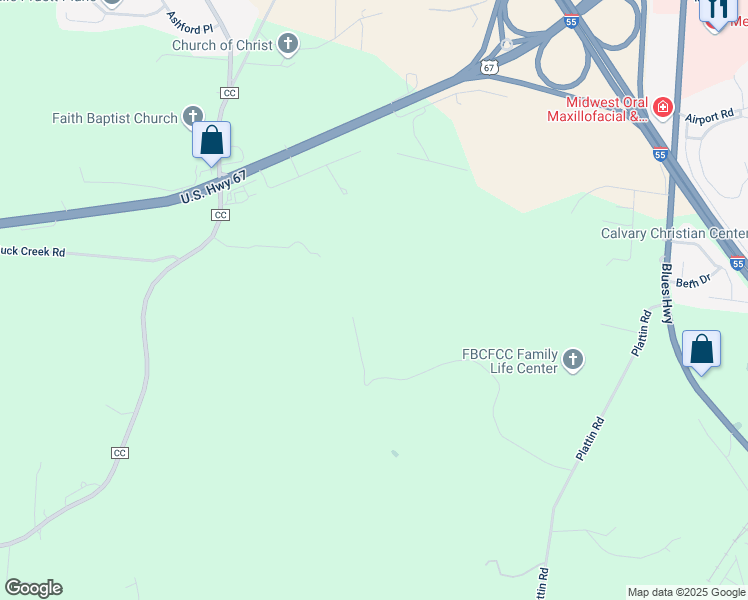 map of restaurants, bars, coffee shops, grocery stores, and more near 1603 Plattin Road in Festus