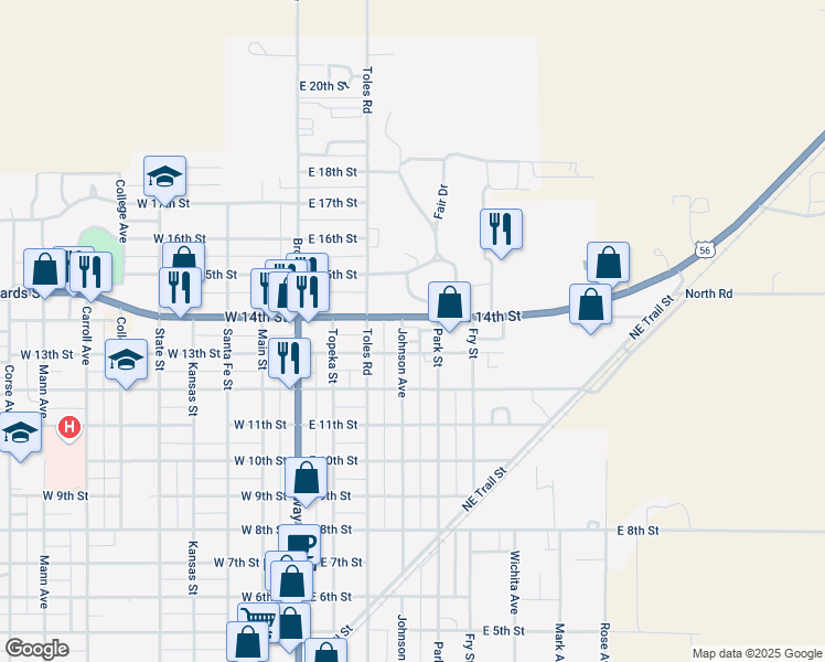 map of restaurants, bars, coffee shops, grocery stores, and more near 350-398 East 13th Street in Larned