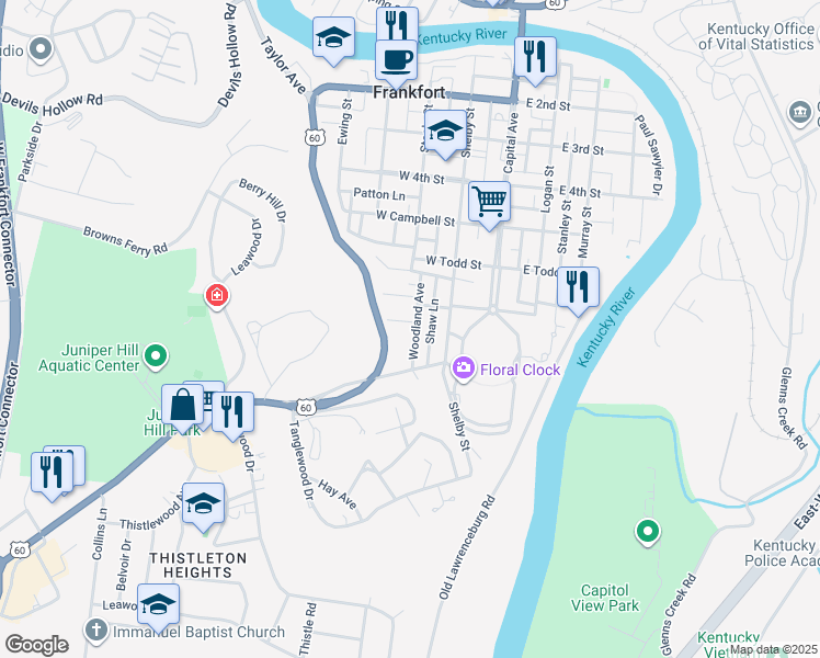 map of restaurants, bars, coffee shops, grocery stores, and more near 700 Louisville Road in Frankfort