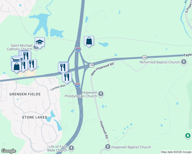 map of restaurants, bars, coffee shops, grocery stores, and more near 13707 New Hopewell Road in Louisville