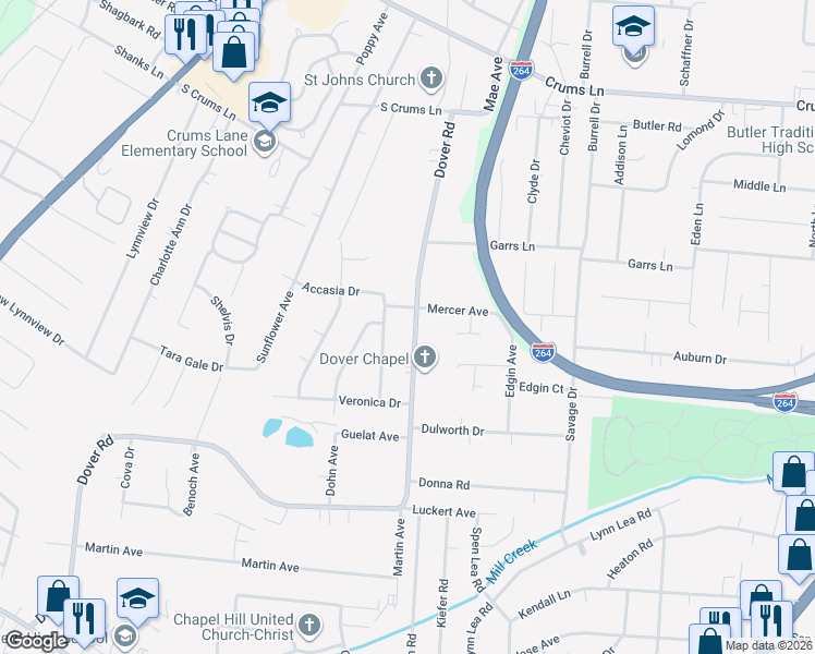 map of restaurants, bars, coffee shops, grocery stores, and more near 4218 Dover Road in Louisville