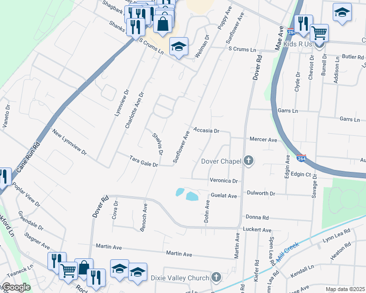 map of restaurants, bars, coffee shops, grocery stores, and more near 4412 Sunflower Avenue in Louisville
