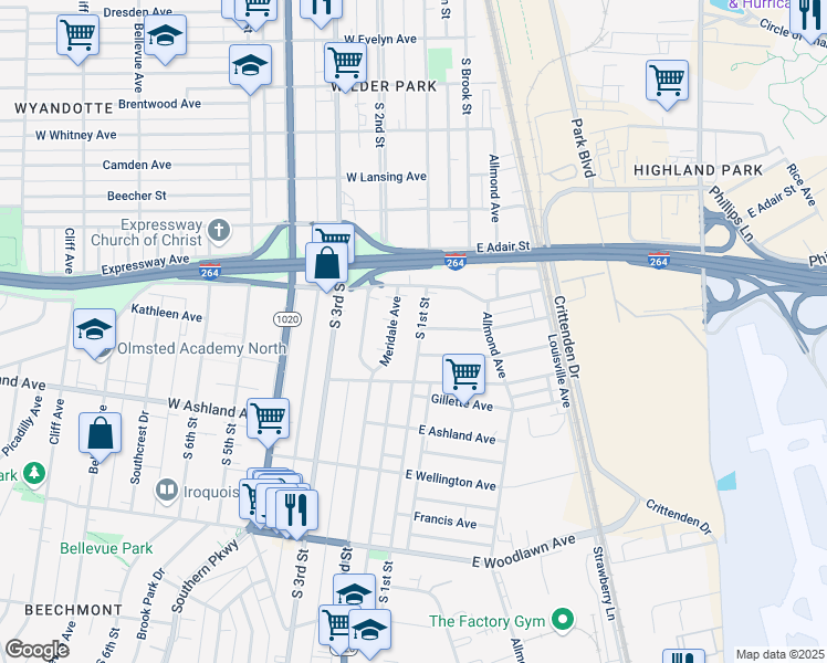 map of restaurants, bars, coffee shops, grocery stores, and more near 4524 South 1st Street in Louisville