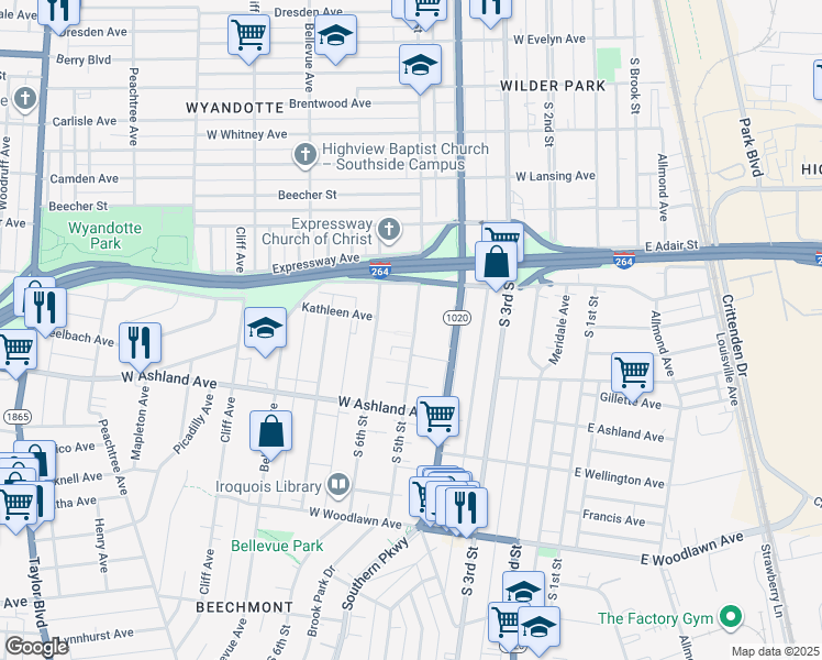 map of restaurants, bars, coffee shops, grocery stores, and more near 7 Hill Top Court in Louisville