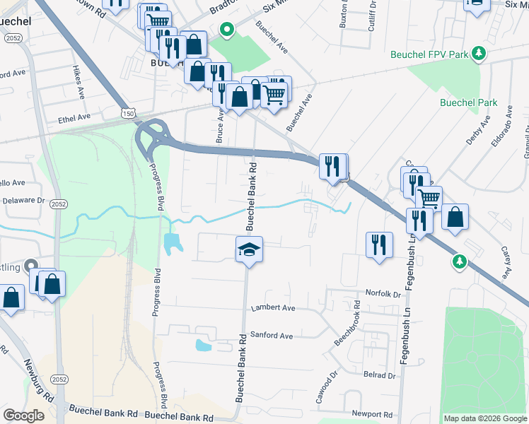 map of restaurants, bars, coffee shops, grocery stores, and more near 2116 Buechel Bank Road in Louisville