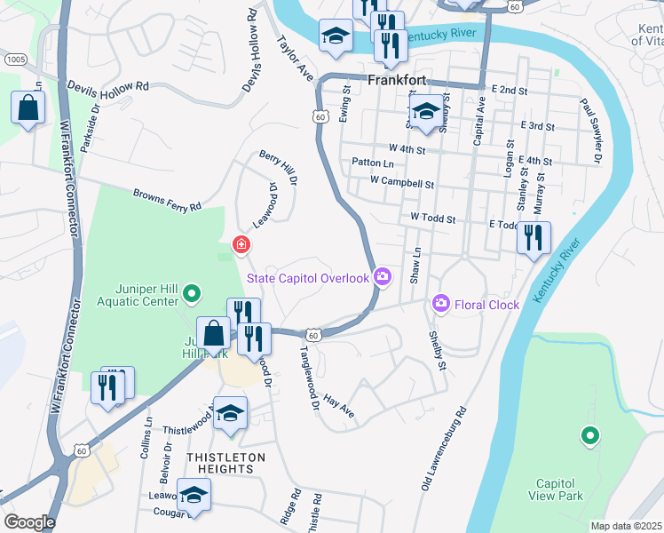 map of restaurants, bars, coffee shops, grocery stores, and more near 700 Louisville Road in Frankfort