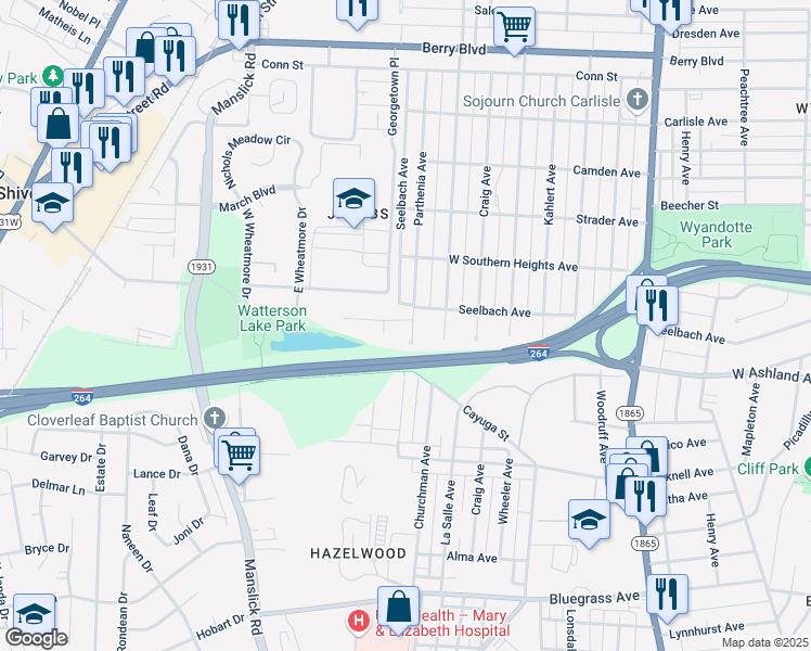 map of restaurants, bars, coffee shops, grocery stores, and more near 3808 Parthenia Avenue in Louisville