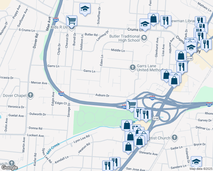 map of restaurants, bars, coffee shops, grocery stores, and more near 4312 Parkay Place in Louisville