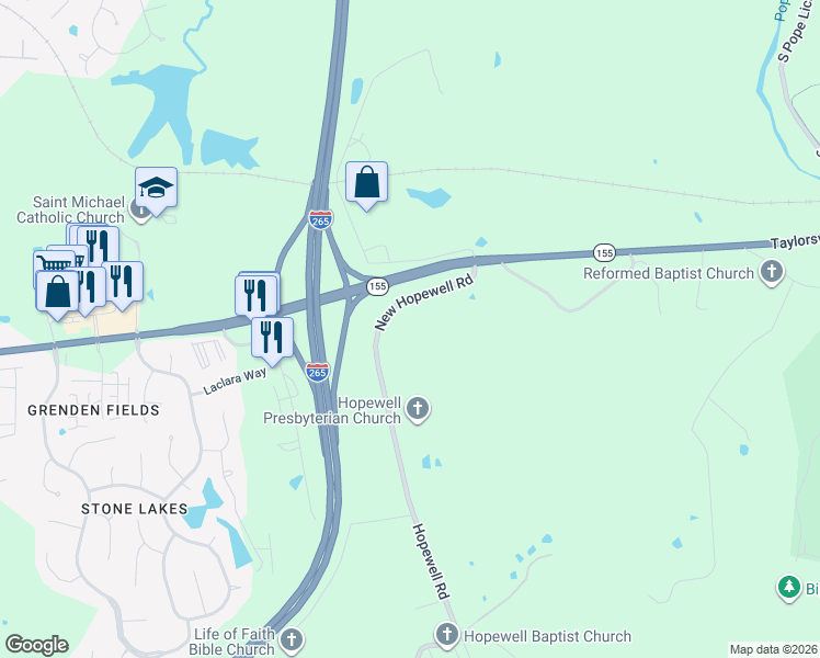 map of restaurants, bars, coffee shops, grocery stores, and more near 13707 New Hopewell Road in Louisville