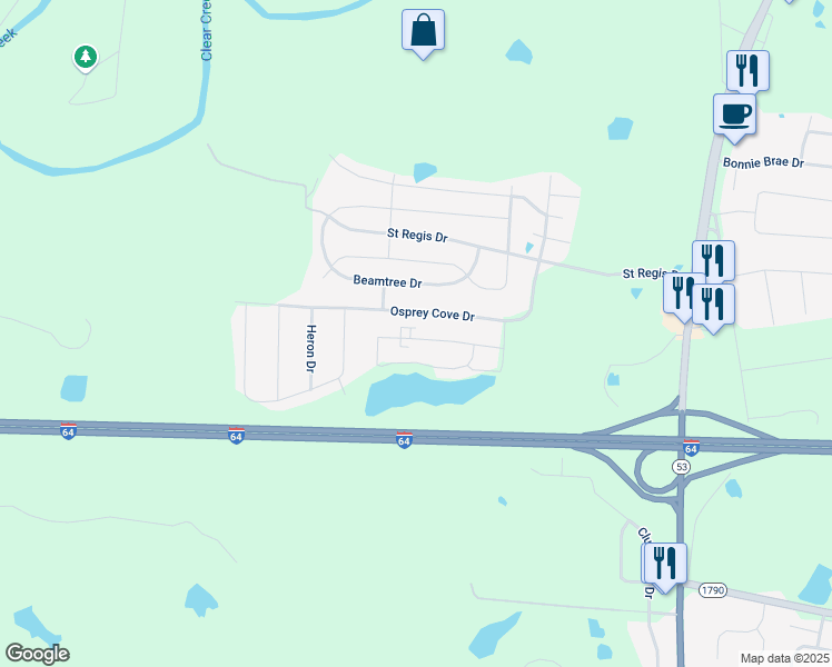map of restaurants, bars, coffee shops, grocery stores, and more near 2061 Osprey Cove Drive in Shelbyville