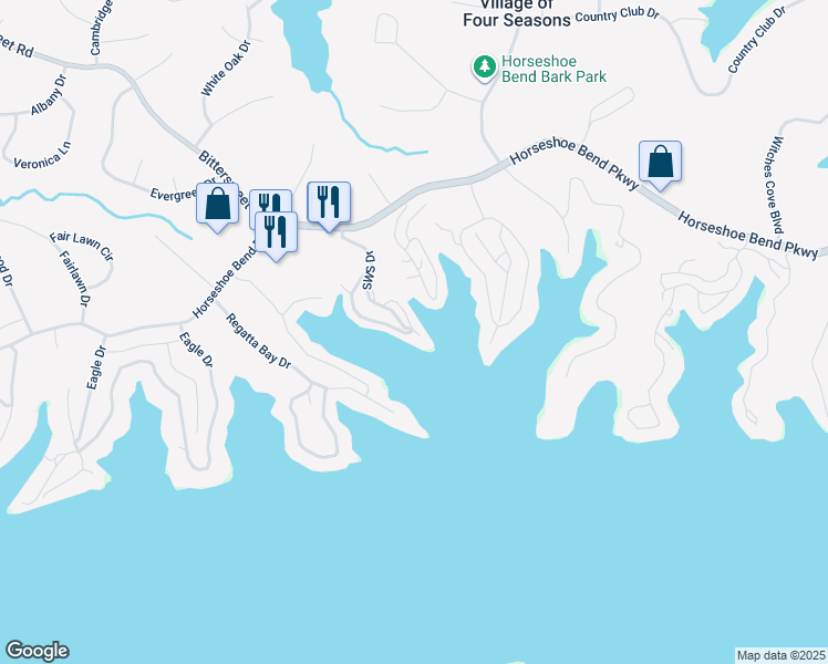 map of restaurants, bars, coffee shops, grocery stores, and more near in Village of Four Seasons