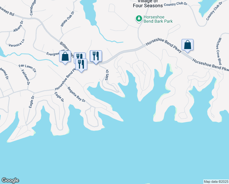 map of restaurants, bars, coffee shops, grocery stores, and more near in Village of Four Seasons