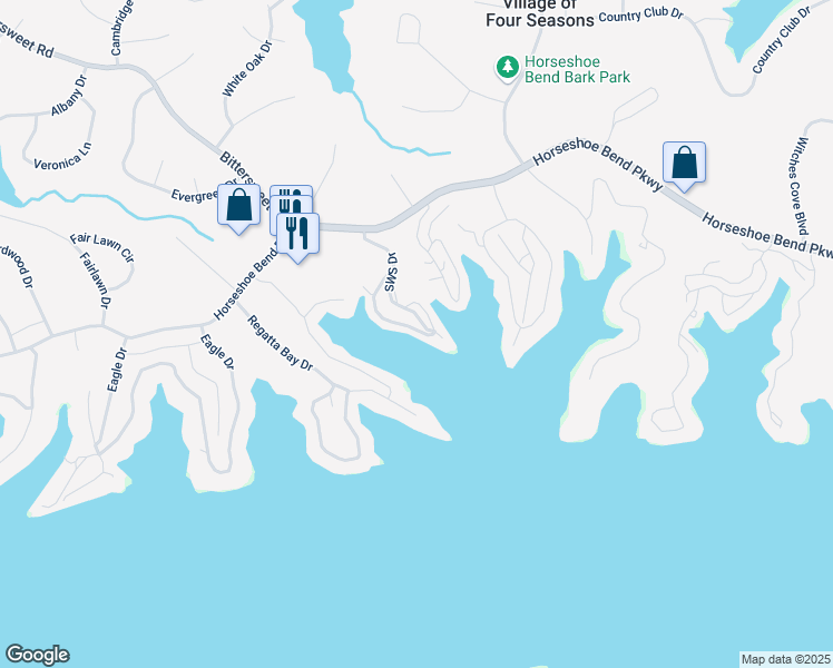 map of restaurants, bars, coffee shops, grocery stores, and more near in Village of Four Seasons