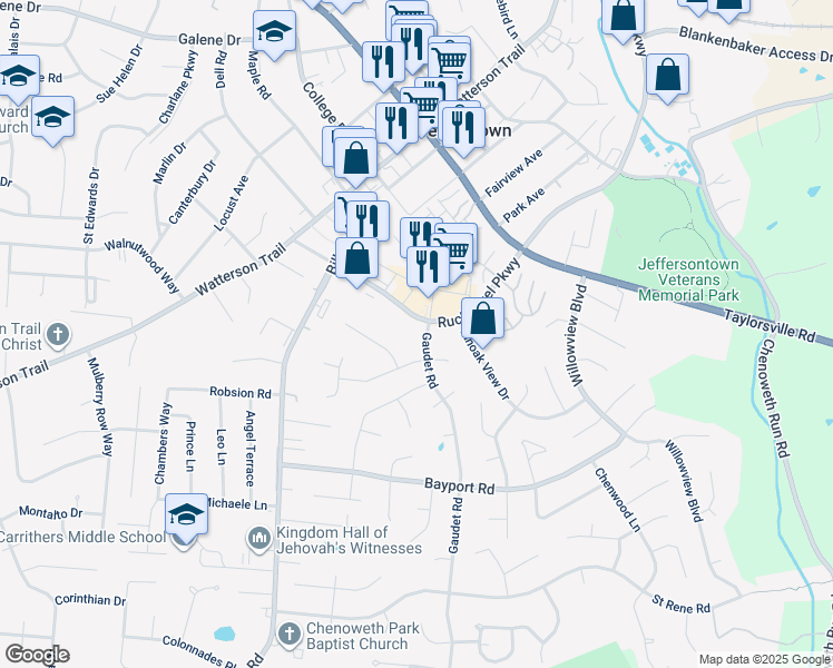 map of restaurants, bars, coffee shops, grocery stores, and more near 3821 Ruckriegel Parkway in Louisville