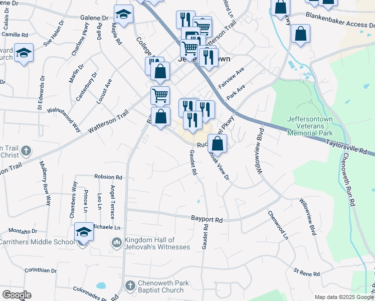 map of restaurants, bars, coffee shops, grocery stores, and more near 3821 Ruckriegel Parkway in Louisville