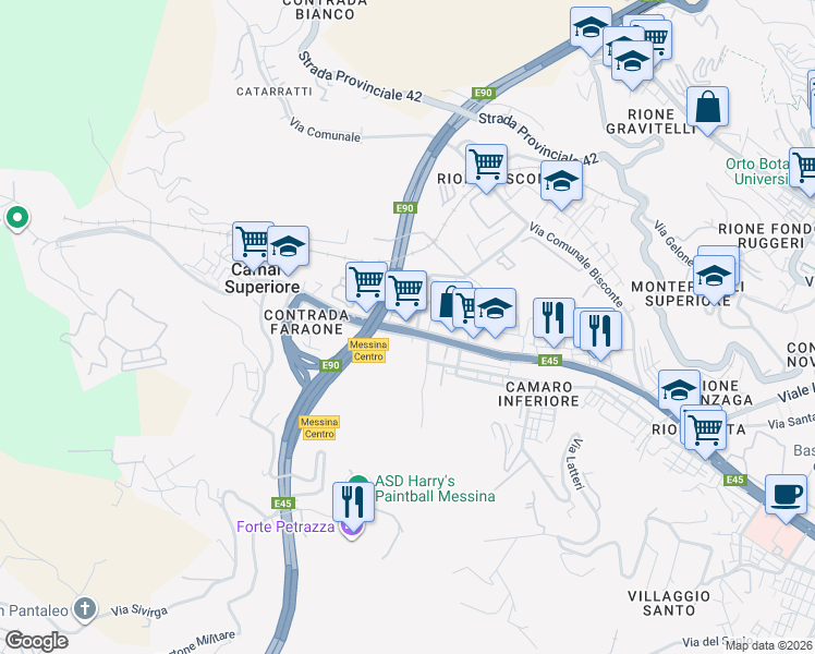 map of restaurants, bars, coffee shops, grocery stores, and more near 162 Via Comunale Camaro in Messina