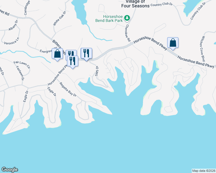 map of restaurants, bars, coffee shops, grocery stores, and more near 201 Sws Drive in Village of Four Seasons