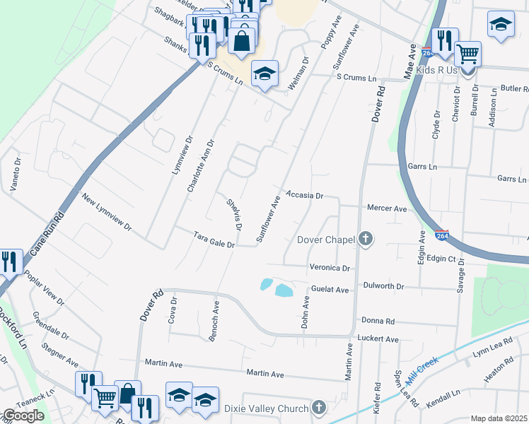 map of restaurants, bars, coffee shops, grocery stores, and more near 4412 Sunflower Avenue in Louisville