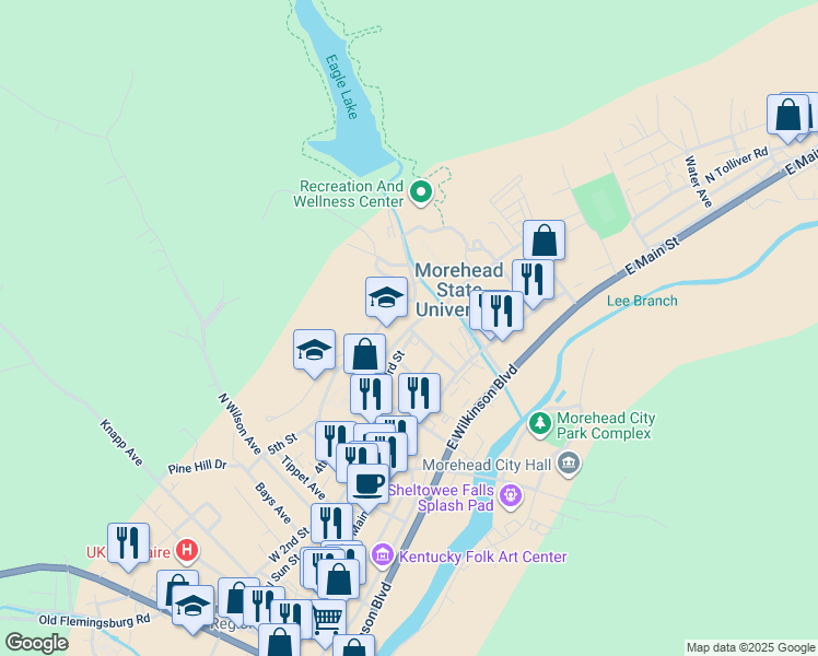 map of restaurants, bars, coffee shops, grocery stores, and more near University Boulevard in Morehead