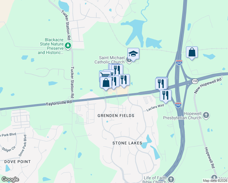 map of restaurants, bars, coffee shops, grocery stores, and more near 12609 Taylorsville Road in Louisville