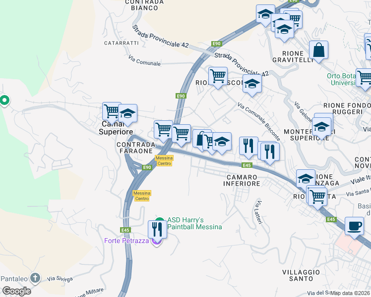 map of restaurants, bars, coffee shops, grocery stores, and more near 162 Via Comunale Camaro in Messina