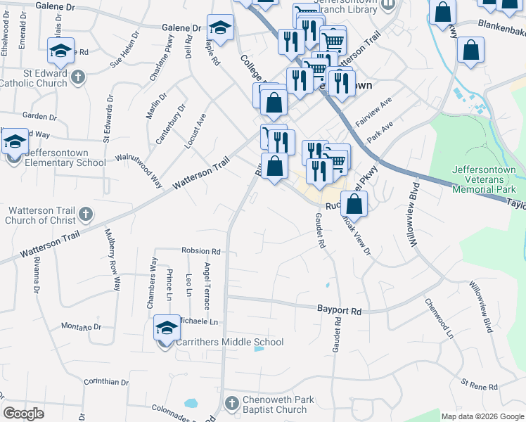 map of restaurants, bars, coffee shops, grocery stores, and more near 3900 Vantage Place in Jeffersontown