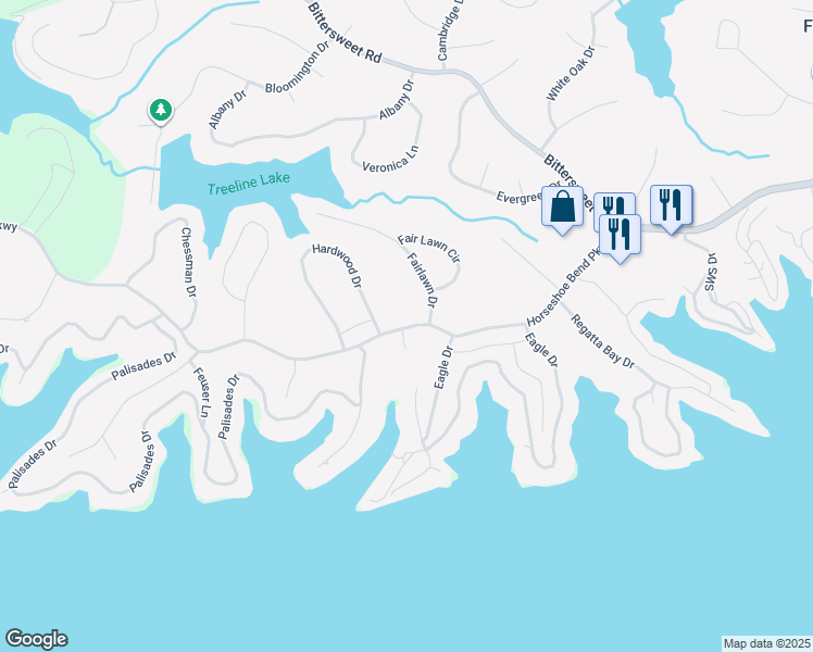 map of restaurants, bars, coffee shops, grocery stores, and more near 935-937 Horseshoe Bend Parkway in Village of Four Seasons