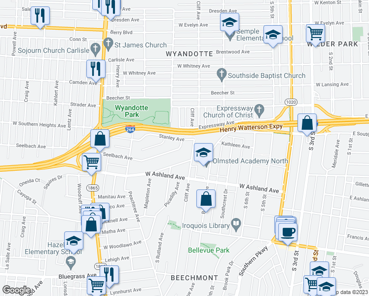 map of restaurants, bars, coffee shops, grocery stores, and more near 1006 Seelbach Avenue in Louisville