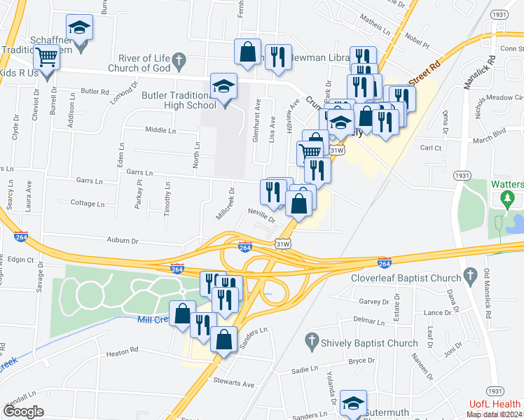 map of restaurants, bars, coffee shops, grocery stores, and more near 1903 Neville Drive in Louisville