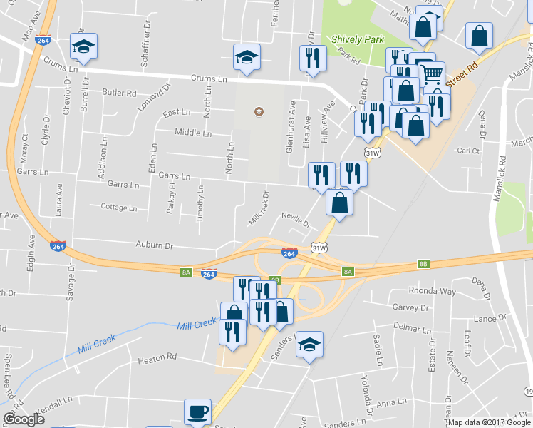 map of restaurants, bars, coffee shops, grocery stores, and more near 4118 Millcreek Drive in Louisville