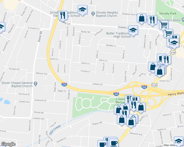 map of restaurants, bars, coffee shops, grocery stores, and more near 2200 Cottage Lane in Louisville