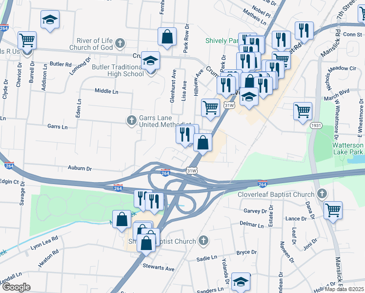 map of restaurants, bars, coffee shops, grocery stores, and more near 1905 Neville Drive in Louisville
