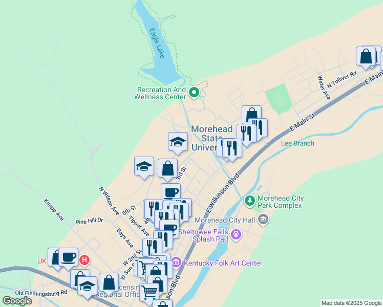 map of restaurants, bars, coffee shops, grocery stores, and more near University Boulevard in Morehead