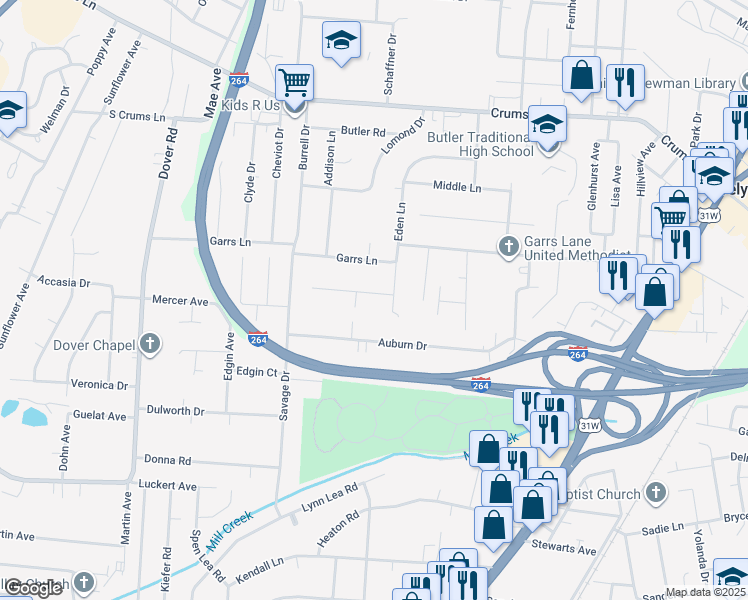map of restaurants, bars, coffee shops, grocery stores, and more near 2200 Cottage Lane in Louisville