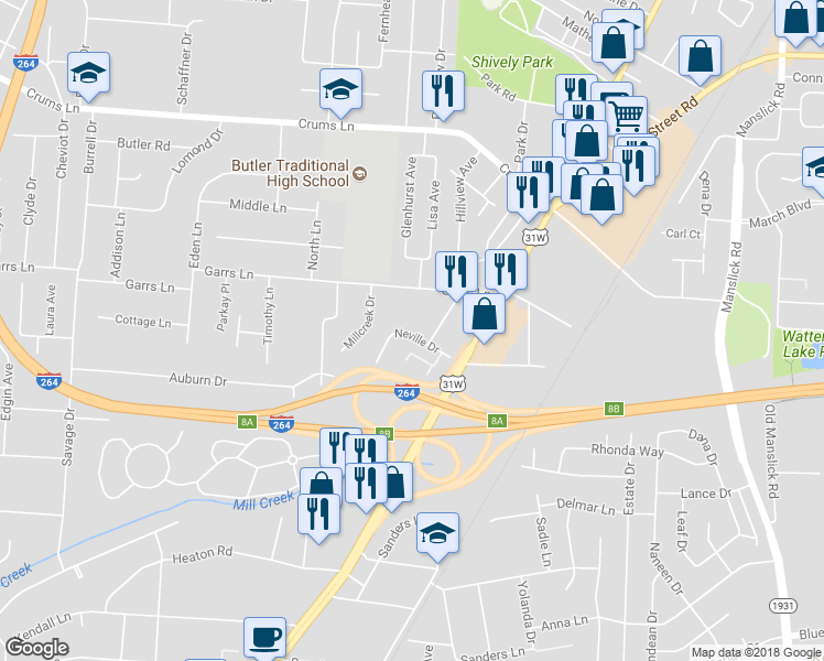 map of restaurants, bars, coffee shops, grocery stores, and more near 1905 Neville Drive in Louisville