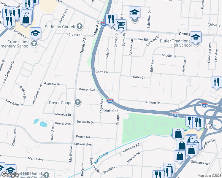map of restaurants, bars, coffee shops, grocery stores, and more near 2317 Mercer Avenue in Louisville