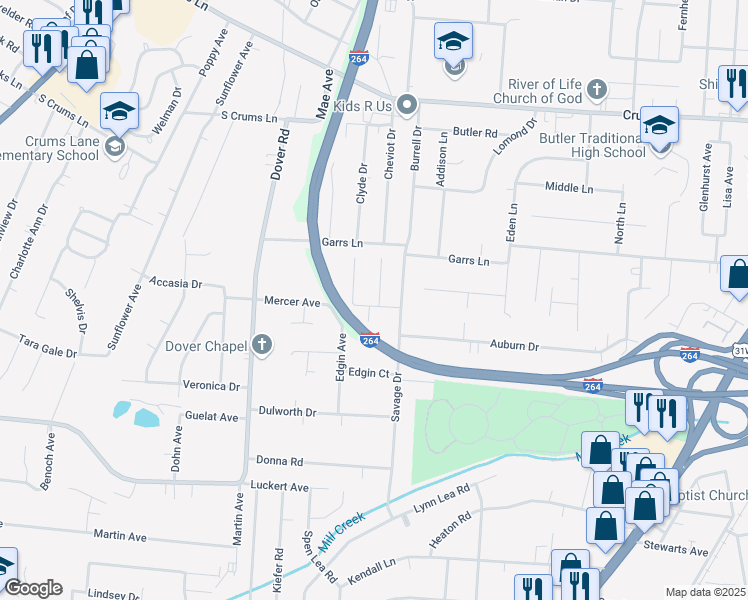 map of restaurants, bars, coffee shops, grocery stores, and more near 4218 Laura Avenue in Louisville