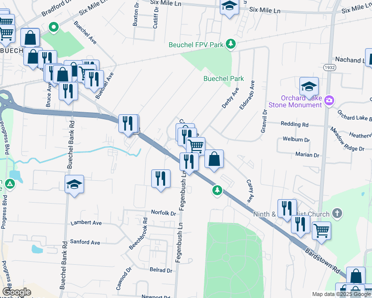 map of restaurants, bars, coffee shops, grocery stores, and more near 4229 Bardstown Road in Louisville