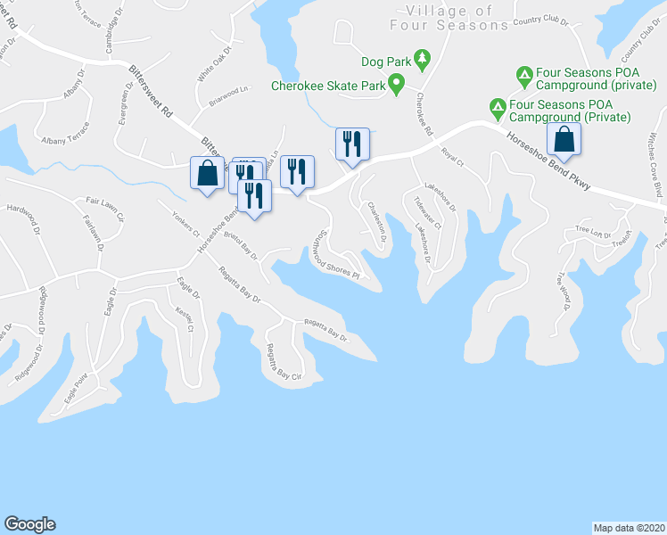 map of restaurants, bars, coffee shops, grocery stores, and more near Southwood Shores Place in Village of Four Seasons