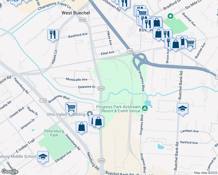 map of restaurants, bars, coffee shops, grocery stores, and more near 4301 Shepherdsville Road in Louisville