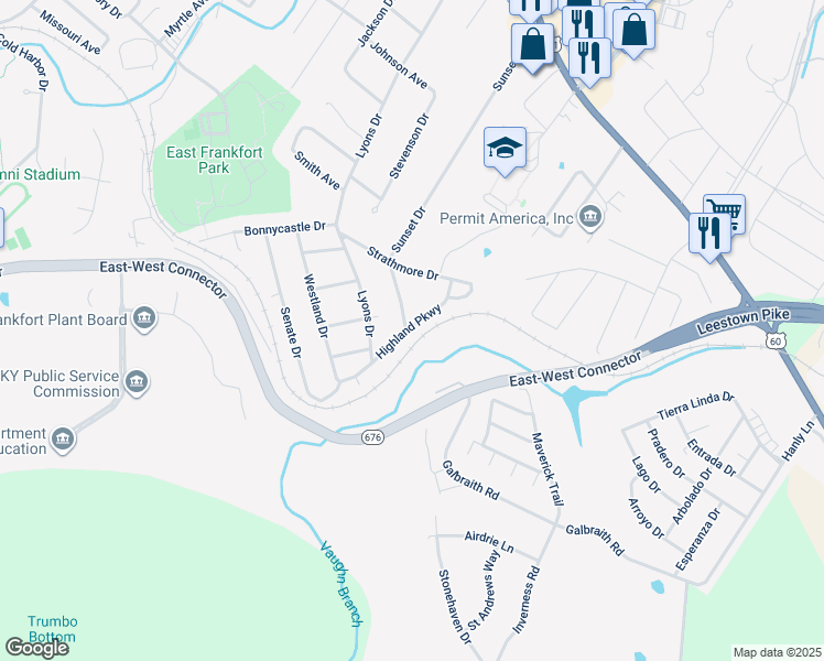 map of restaurants, bars, coffee shops, grocery stores, and more near 276 Highland Parkway in Frankfort