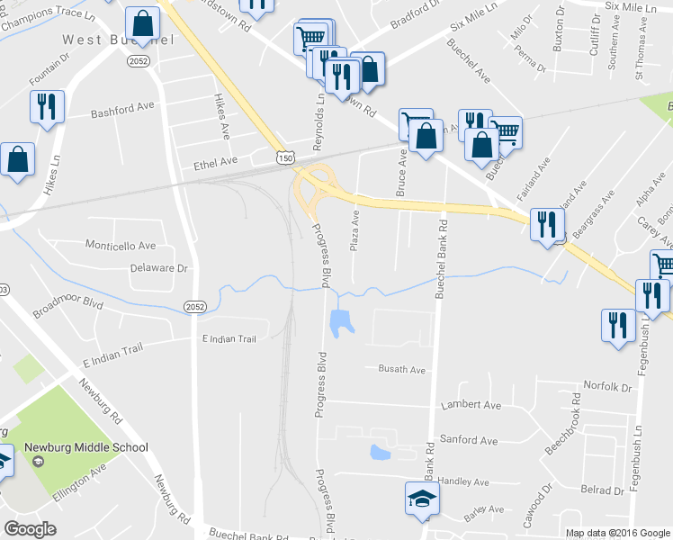 map of restaurants, bars, coffee shops, grocery stores, and more near 4213 Progress Boulevard in Louisville