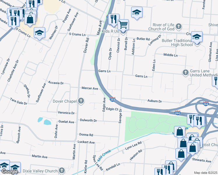 map of restaurants, bars, coffee shops, grocery stores, and more near 2317 Mercer Avenue in Louisville