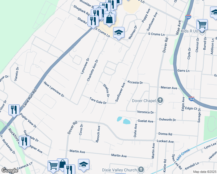 map of restaurants, bars, coffee shops, grocery stores, and more near 4513 Shelvis Drive in Louisville