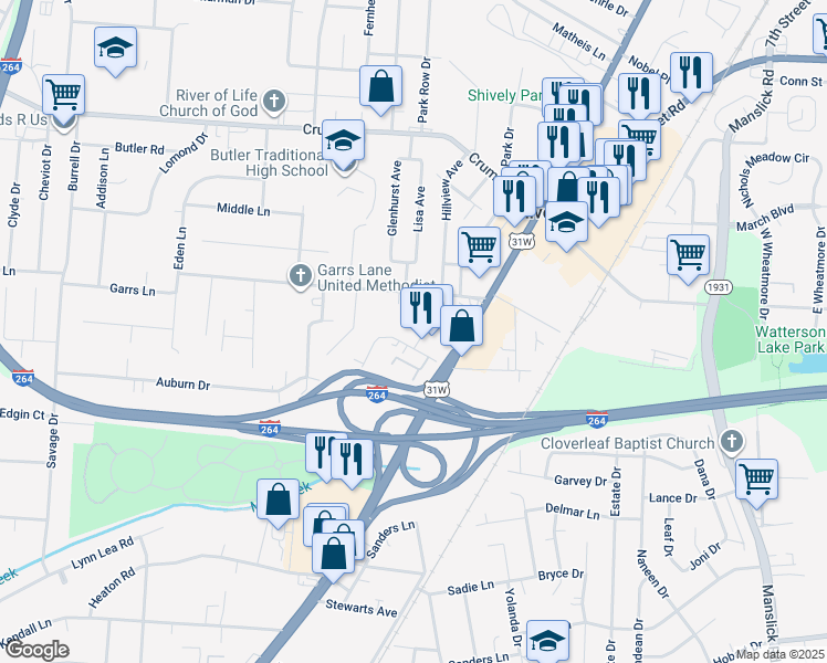 map of restaurants, bars, coffee shops, grocery stores, and more near 4226 Hillview Avenue in Louisville