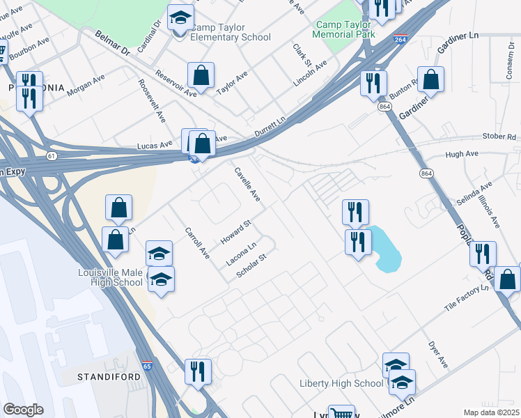 map of restaurants, bars, coffee shops, grocery stores, and more near 4342 Cavelle Avenue in Louisville